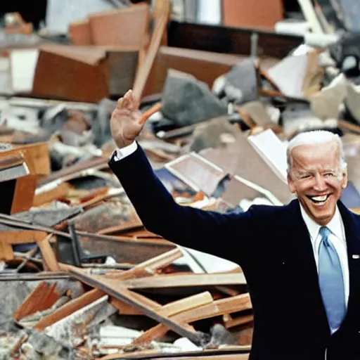 Image similar to archival photograph of joe biden standing over destruction and laughing with his hands in the air