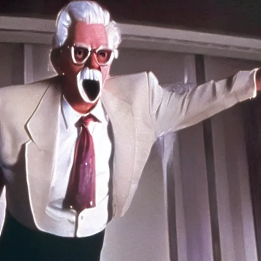 Image similar to A still of Colonel Sanders as an evil supervillain in a 1980s movie