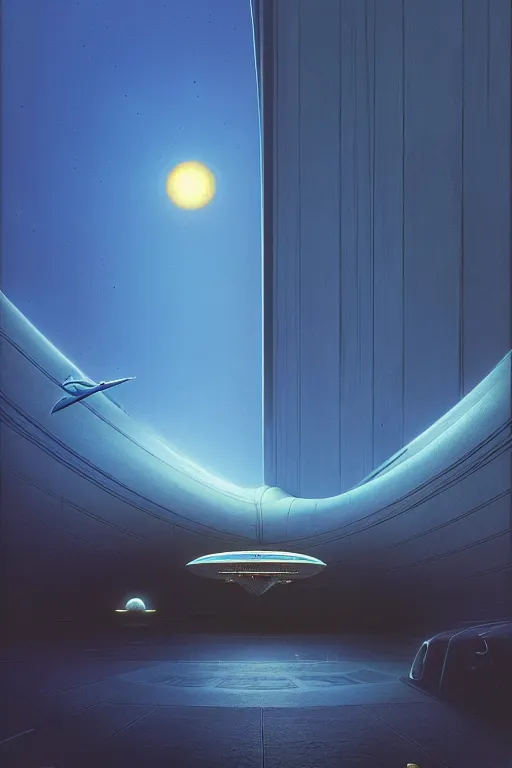 Prompt: emissary space by arthur haas and bruce pennington and john schoenherr, cinematic neon matte painting, zaha hadid building, photo realism, dark color palate, blue hour, james terrell art,