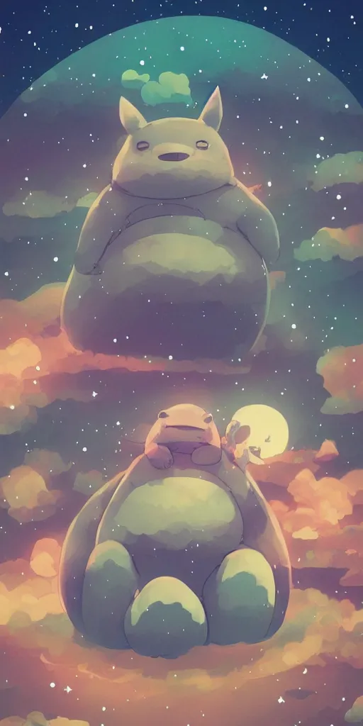 Image similar to giant glowing wireframe snorlax totoro, mountain landscape, night sky, digital art, digital painting, celestial, majestic, colorful