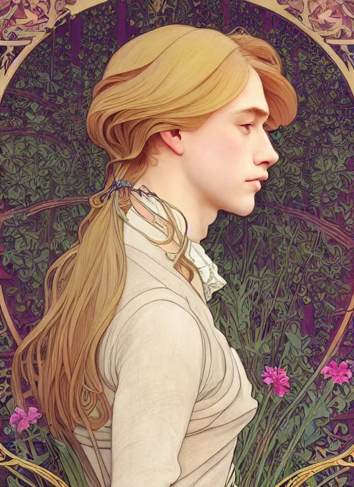 Image similar to pretty young man with shoulder length blond hair, half body shot, emotional, decorative flower patterned background, path traced, highly detailed, high quality, digital painting, by studio ghibli and alphonse mucha, leesha hannigan, hidari, disney, jules bastien - lepage, art nouveau, anna dittmann