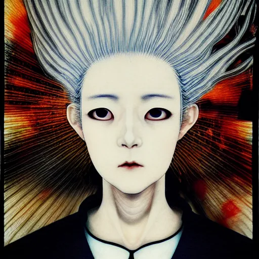 Prompt: yoshitaka amano blurred and dreamy realistic portrait of a woman with white hair and black eyes wearing dress suit with tie with head turned to the side, junji ito abstract patterns in the background, satoshi kon anime, noisy film grain effect, highly detailed, renaissance oil painting, weird portrait angle, blurred lost edges, three quarter angle