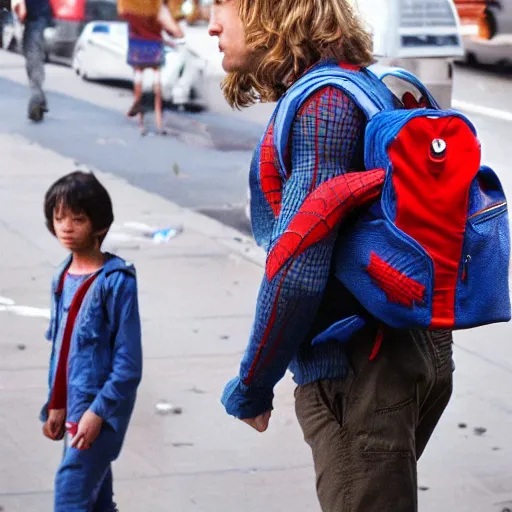 Prompt: film of spiderman with a backpack on his way to school on the streets of new york, lonely atmosphere, director by christopher nolan