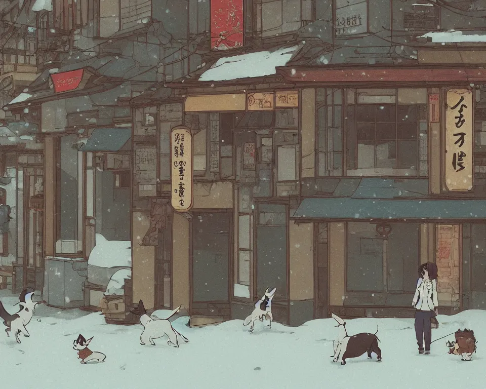 Prompt: beautiful illustration of a dog chasing a cat in front of a small shop front in kyoto on a fine summers day, anime manga style, with snow, aesthetic, cory loftis, james gilleard, atey ghailan, makoto shinkai, goro fujita, studio ghibli, makoto shinkai