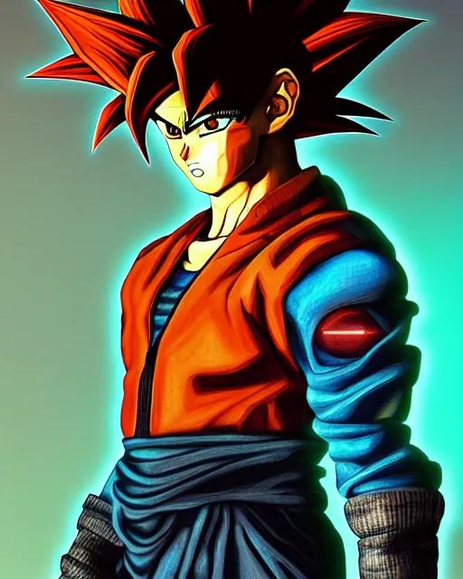 Image similar to a glitch art of cyberpunk son goku trending on artstation deviantart pinterest hyper detailed photorealistic highlights and shadow hd 8 k post - processing high resolution