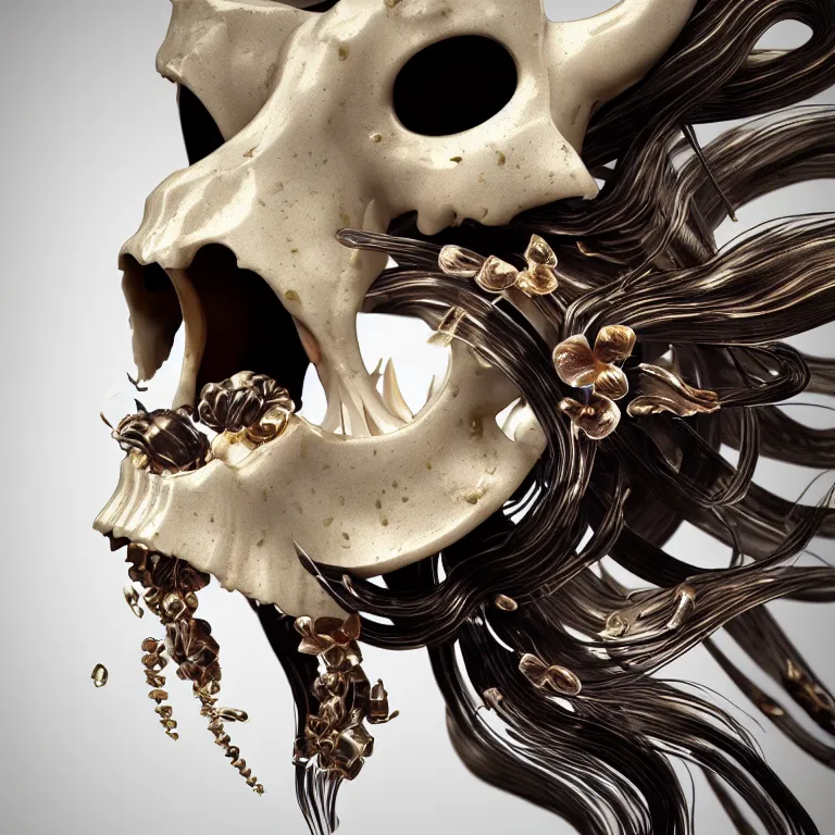 Image similar to goddess princess face close-up portrait ram skull. sculpture made of polished gold and matte obsidian. jellyfish phoenix head, nautilus, orchid, skull, betta fish, bioluminiscent creatures, intricate artwork by Tooth Wu and wlop and beeple. octane render, trending on artstation, greg rutkowski very coherent symmetrical artwork. cinematic, hyper realism, high detail, octane render, 8k