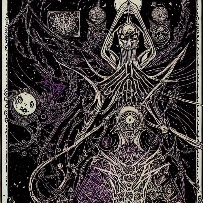 Image similar to black paper + tarot card + eldritch god, vintage detailed sci - fi illustration designed by marc simonetti and mike mignola + psychedelic black light style + intricate ink illustration + symmetry + bloodborne