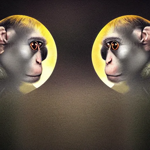 Image similar to two macaques looking at each other inside forest, digital art, soft shadows, creepy art, sun flare