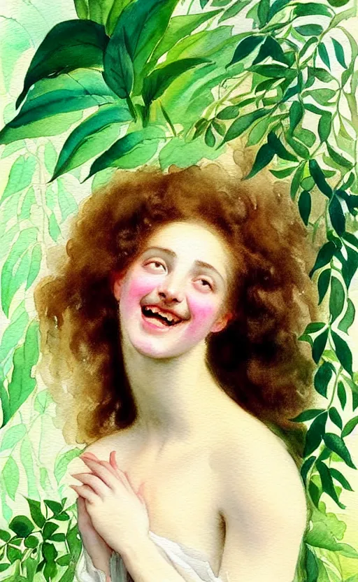 Image similar to the face of a young woman with marble complexion, angelic features, dancing curls around her face, her head raised in rapture, laughing, symmetrical eyes, watercolor by john singer sargent, background lush vegetation, insects and birds, 8 k uhd