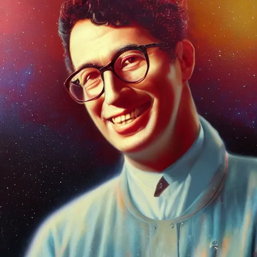 Image similar to UHD tonalism cosmic painting of Buddy Holly, by Antonio Caparo and Ferdinand Knab and Greg Rutkowski, UHD, photorealistic, trending on artstation, trending on deviantart