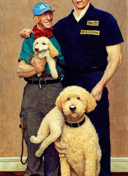 Prompt: a bald white man, slim, wearing plumber uniform, norman rockwell painting, holding a golden doodle puppy