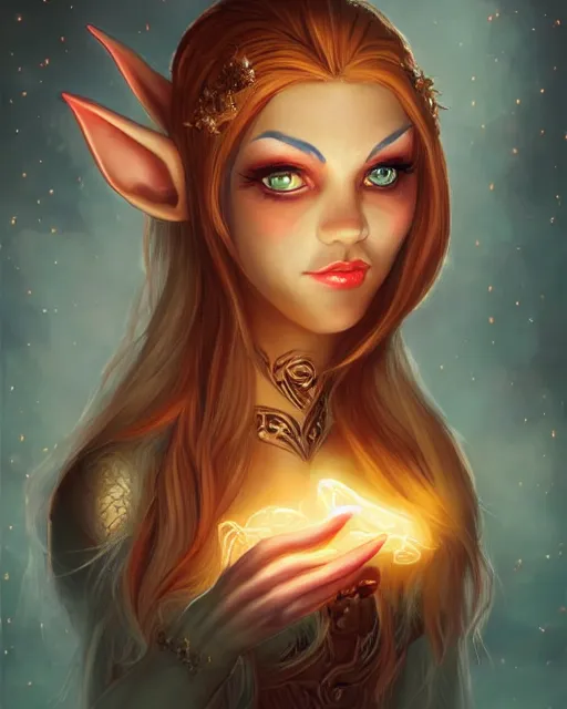 Image similar to beautiful female elf with glowing hair symmetrical face eyes, glistening tongue by Jana Schirmer,