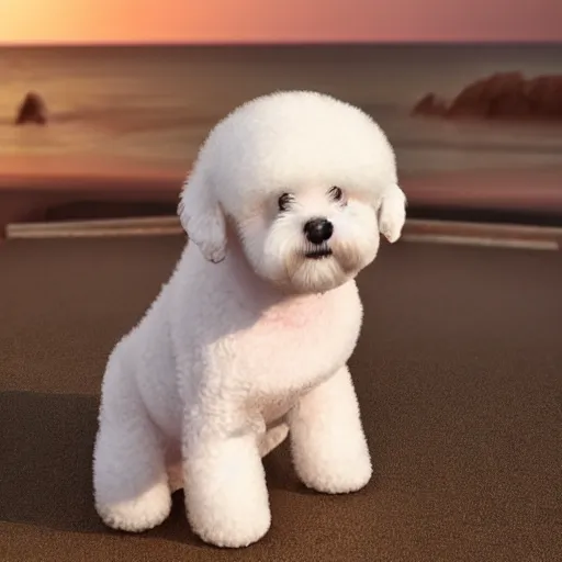 Prompt: a photorealistic photograph of a smiling white Bichon Frisé puppy riding in little red wagon, overflowing french fries during sunset at the beach Trending on Artstation, featured on Behance, well-rendered, Unreal Engine, 4K HD