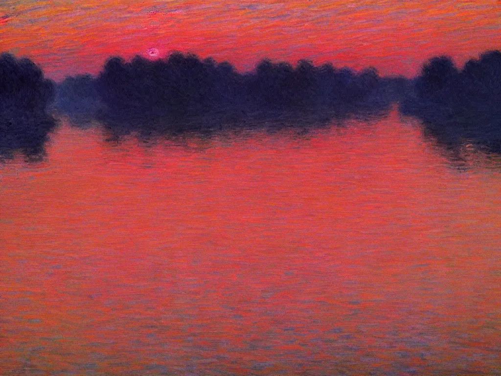 Prompt: trending on artstation, a beautiful river during sunset, in the style of Claude Monet