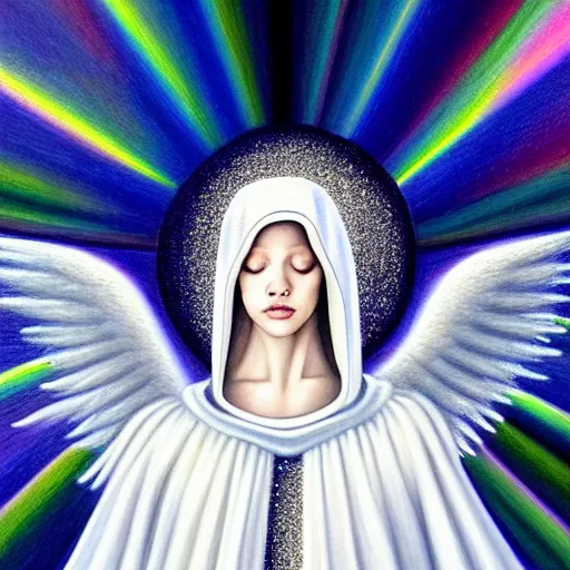 Image similar to beautiful high details hyper realistic painting of white angel in the hood coming from space with giant ball of miracle light from the chest!!!!!, 4 k hd face!!!, fashion face, no gender, giant silver holographic wings, by jan van eyck, holography space, white sparkles everywhere, thin strokes, high textures, silver background