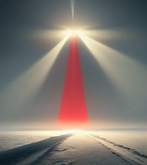 Prompt: the symmetric red linear light in the antartic fog, majestic light, octane render, beauty fog, ethereal glare of the sun, hyperrealistic, epic, masterpiece