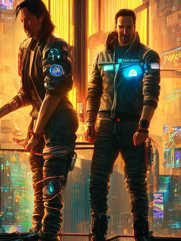 Prompt: a cyberpunk 2077 couple portrait of Keanu Reeves and V ,love story , lots of electric cable behind them connected to giant computer,film lighting,by laurie greasley,Lawrence Alma-Tadema,William Morris,Dan Mumford,trending on atrstation,face enhance,full of color,Digital painting,highly detailed,8K, octane,golden ratio,cinematic lighting