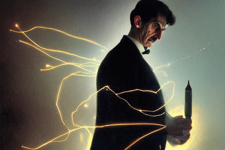 Image similar to a portrait of Nikola Tesla with a background of sparks and electricity, bright lighting, fog, volumetric lighting, intricate, elegant, highly detailed, digital painting, artstation, concept art, smooth, sharp focus, art nouveau, art by artgerm and greg rutkowski and alphonse mucha
