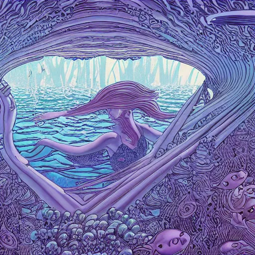 Image similar to metallic ethereal underwater paradise in the style of moebius, james jean, mcbess!!!, cinematic, highly detailed, award winning, 8 k photorealistic