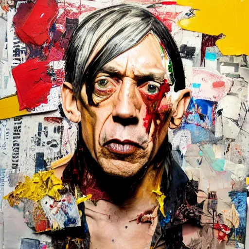 Image similar to hyperrealistic, photorealistic, mixed media oil painting of iggy pop, magazine scraps, plaster, blood, oil, mustard, cigarettes, splatter, trending on artstation, award - winning painting, greg rutkowski, basquiat, ralph steadman, terry gilliam