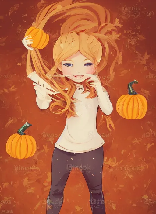 Image similar to little girl with long blonde hair holding a pumpkin. background is skulls. clean cel shaded vector art. shutterstock. behance hd by lois van baarle, artgerm, helen huang, by makoto shinkai and ilya kuvshinov, rossdraws, illustration, art by ilya kuvshinov