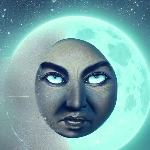 Prompt: detailed masterpiece of a holo around the moon, cartoon face on it, old photo, detailed, sci - fi, technology, digital art, art station, beeple