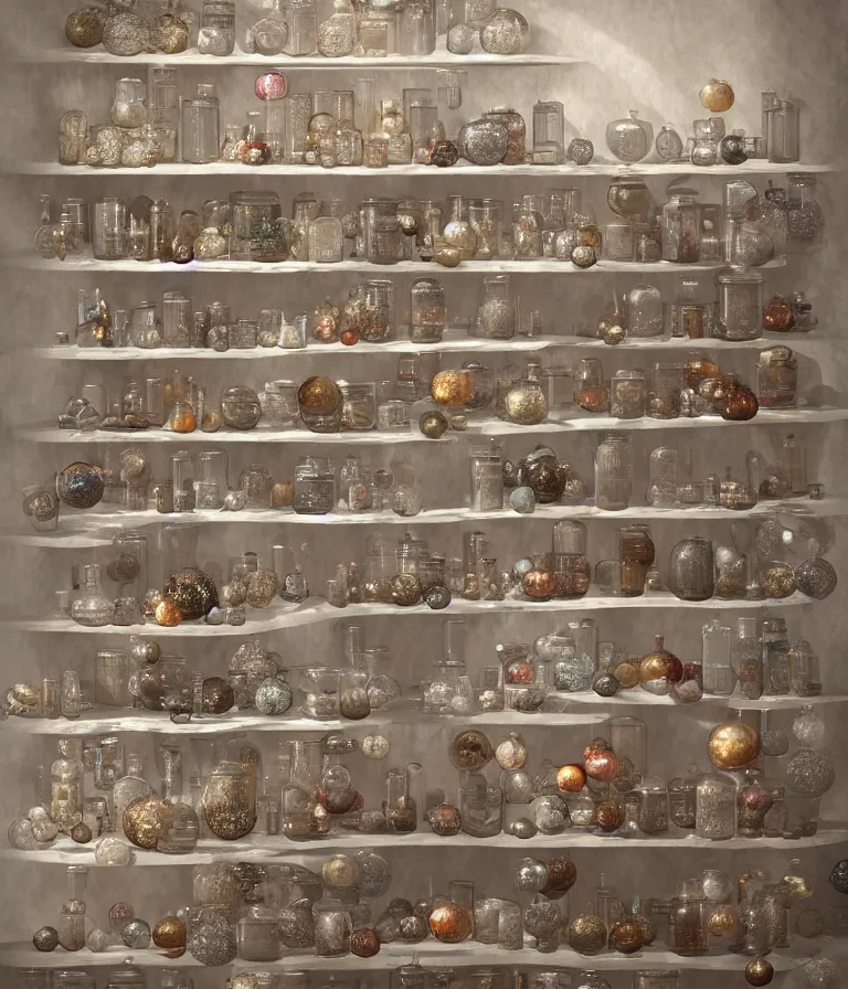 Prompt: a beautiful hyper realistic 3d render of jars, vials, pitchers, and baubles stocked on intricate runic shelves, tables, and ornaments in a pristine roman domus, by goya, Atey Ghailan, ghibli, unreal engine, octane render, brilliantly colored, ultra wide angle, trending on artstation, HDR, polished, micro details, ray tracing, 8k