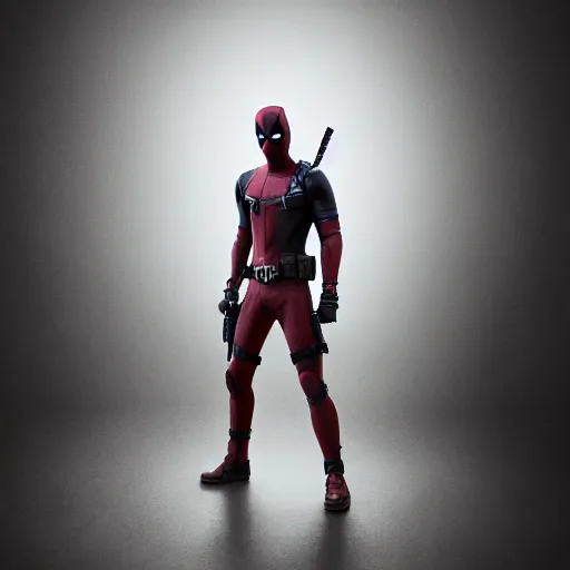 Image similar to full body pose, hyperrealistic photograph of deadpool, dim volumetric lighting, 8 k, octane beautifully detailed render, extremely hyper detailed, intricate, epic composition, cinematic lighting, masterpiece, trending on artstation, very very detailed, stunning, hdr, smooth, sharp focus, high resolution, award, winning photo, dslr, 5 0 mm