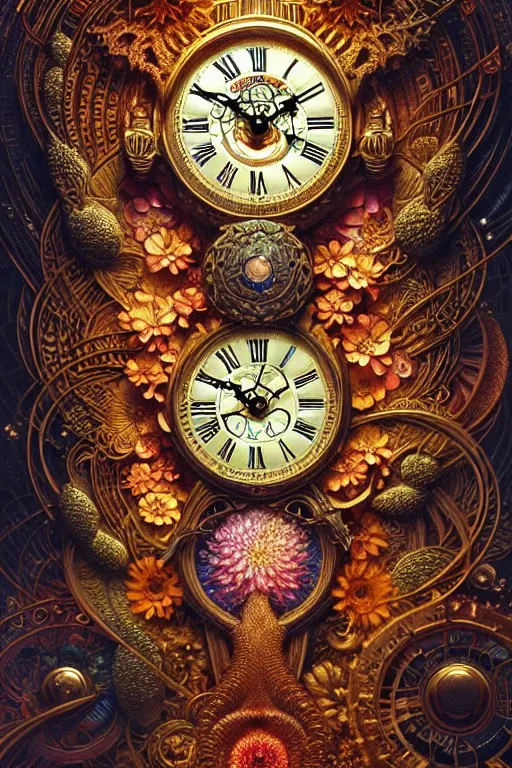 Prompt: intricate detailed flower clocks james gurney, dan luvisi, Petros Afshar, tim hildebrandt, liam wong, Mark Riddick, thomas kinkade, ernst haeckel, dan mumford, trending on artstation, josephine wall, WLOP, cgsociety by Gediminas Pranckevicius, trending on cgsociety and DeviantArt