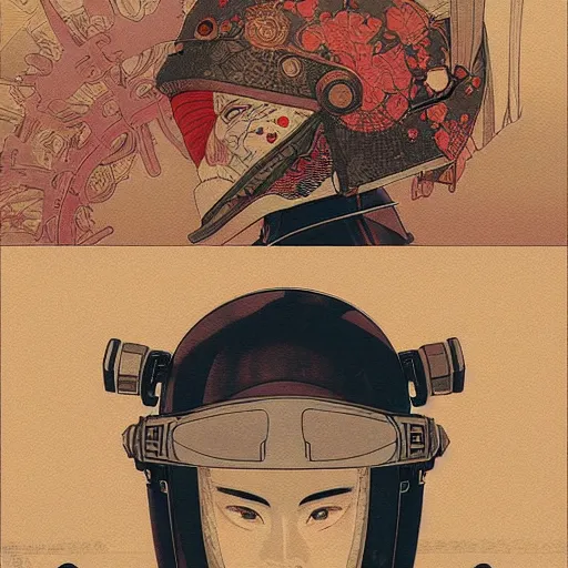 Image similar to a beautiful ukiyo painting of samurai in space futuristic helmet, wearing space techwear, detailed symmetrical close up portrait, intricate complexity, by takato yamamoto, wlop, krenz cushart, makoto shinkai, cinematic dramatic atmosphere, sharp focus