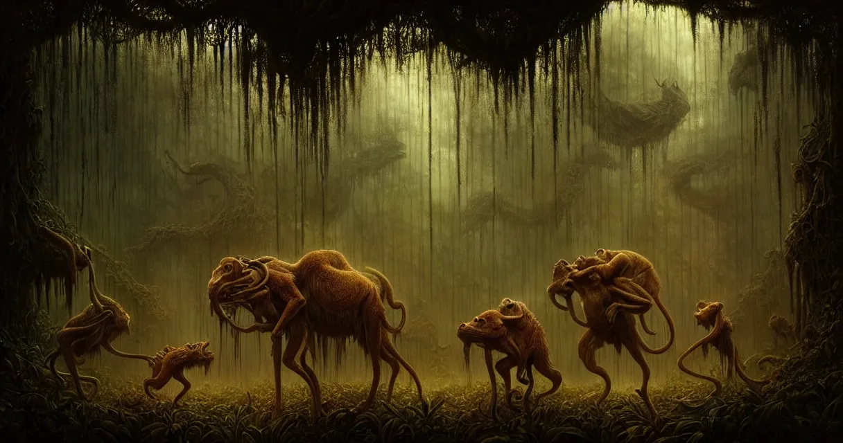 Image similar to epic professional digital art of hungry jungle, faint golden moody atmospheric lighting, painted, intricate, detailed, detailed, foreboding, by leesha hannigan, wayne haag, reyna rochin, ignacio fernandez rios, mark ryden, iris van herpen,, epic, stunning, gorgeous, much wow, cinematic, masterpiece.