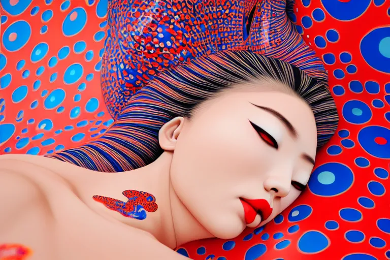 Prompt: hyperrealistic detailed image of a geisha laying in a art installation room, interior by yayoi kusama, part by kei mieno, part by alex gray, part by ross tran, part by james jean, ultra realistic, highly detailed, life like face, detailed body, 8 k, octane render, trending on artstation, very cohesive, masterpiece