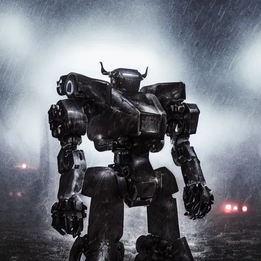 Image similar to 2 mecha warriors battling each other in heavy rain, ground fog, lighting, moody lighting, 8 k, shallow depth of field, cinematic lighting,