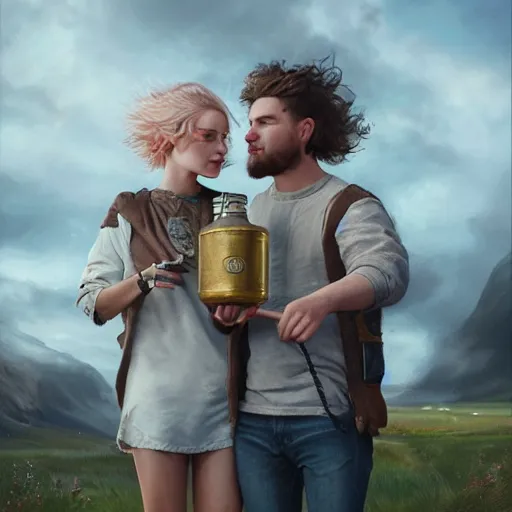 Prompt: a highly detailed portrait from behind of a young couple from the side, holding a tin can, remote icelandic village, summer, jeans and t shirt, blonde hair, muted colors, by tom bagshaw, trending on artstation,