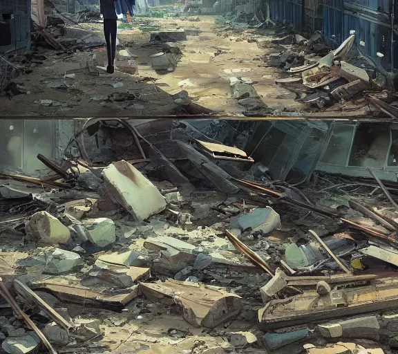 Image similar to an iPhone smartphone in the rubble, ruins. Anime, Makoto Shinkai