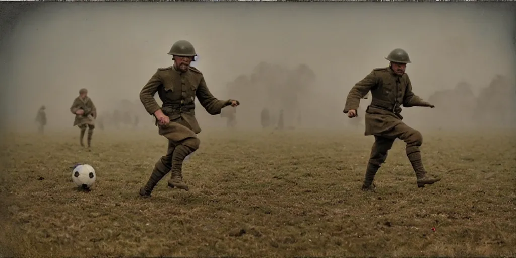 Image similar to detailed medium format photo, polaroid still from tarkovsky movie, erling haaland playing football on a ww 1 battlefield, haze, high production value, intricate details, 8 k resolution, hyperrealistic, hdr, photorealistic, high definition, tehnicolor, award - winning photography, masterpiece, amazing colors