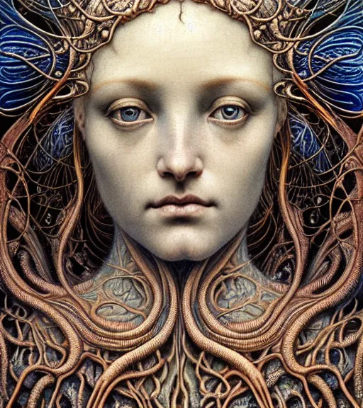 Image similar to detailed realistic beautiful opal goddess face portrait by jean delville, gustave dore, iris van herpen and marco mazzoni, art forms of nature by ernst haeckel, art nouveau, symbolist, visionary, gothic, neo - gothic, pre - raphaelite, fractal lace, intricate alien botanicals, biodiversity, surreality, hyperdetailed ultrasharp octane render