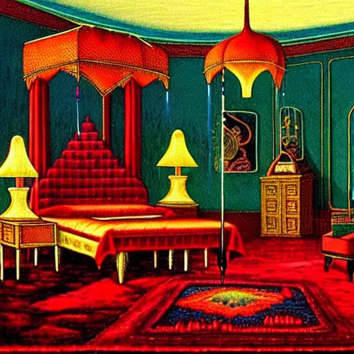 Prompt: Fantasy illustration by Clyde Caldwell This lavish bedchamber is brightly illuminated by a soft glow emanating from what look like large, faceted crystals in a blue, green, and red color scheme hanging from the ceiling. A plush, deep-pile red rug covers the floor between a large bed covered in woollen blankets and silk throws and a finely bedecked table set with fine food and drink. A large, gilded mirror hangs on the far wall.