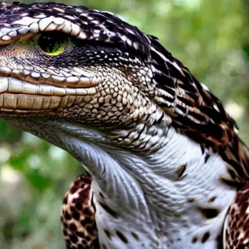 Prompt: hawk and crocodile morphed together, half crocodile, half hawk, real picture taken in zoo, realistic hawk proportions, head of crocodile is seamlessly merged with hawk head, toothy beak,