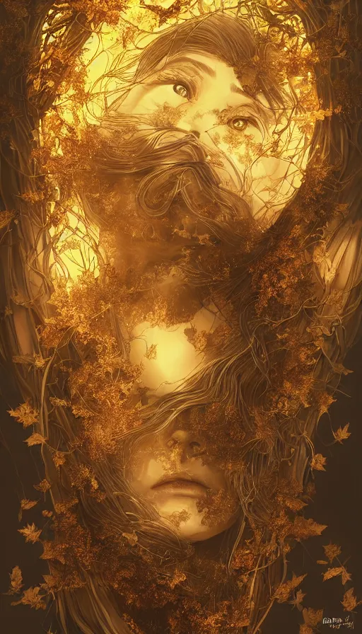 Image similar to golden leaves at frame border, creative!!! composition for a book cover!!!, absurdly beautiful, ultrafine hyperrealistic detailed old witch face by wlop and artgerm and greg rutkowski, intricate linework, sharp focus, smooth, octopath traveler, final fantasy, unreal engine, dramatic lighting, ethereal, 8 k