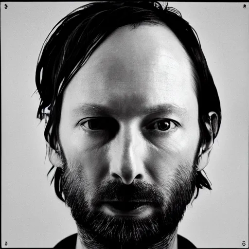 Image similar to Radiohead, Thom, with a beard and a black shirt, a computer rendering by Martin Schoeller, cgsociety, de stijl, uhd image, tintype photograph, studio portrait, 1990s, calotype