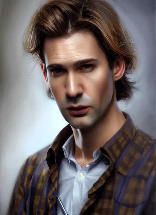 Image similar to male surgeon, brown hair, khakis, plaid shirt, gothic, moody, noir, diffuse lighting, fantasy, intricate, elegant, highly detailed, lifelike, photorealistic, digital painting, artstation, illustration, concept art, smooth, sharp focus, art by John Collier and Albert Aublet and James jean and Brian froud and ross tran and Artem Demura and Alphonse Mucha