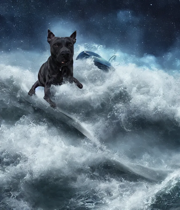 Image similar to photo of a dark gray coat pit bull with a white paws!, surfing on a surfboard in a crashing wave of alien ocean in space, background is an alien galaxy, matte, aliens in the background, alien colors, octane render, unreal engine, wide view, 8 k, high detaild