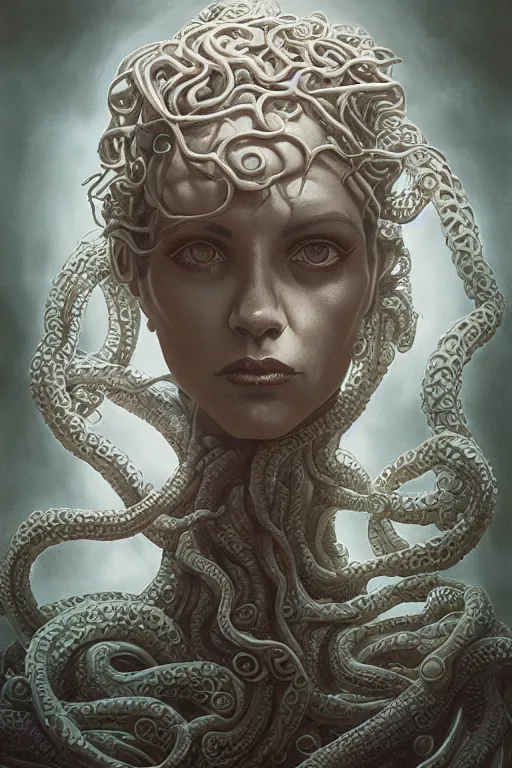 Image similar to creppy medusa wearing white silk fused with lovecraft, retro-futuristic, photo, portrait, intricate details, by vincent di fate, artgerm, julie bell, beeple and Greg Rutkowski, 80s, concept, Smooth gradients, octane render, 8k, High contrast, duo tone, depth of field, very coherent symmetrical artwork