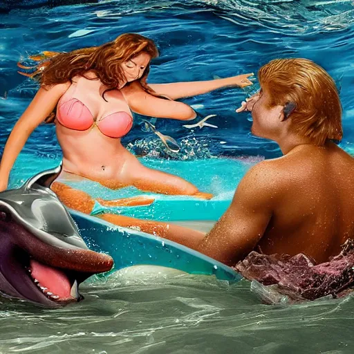 Prompt: a dolphin and a dog and a mermaid swimming in a jacuzzi