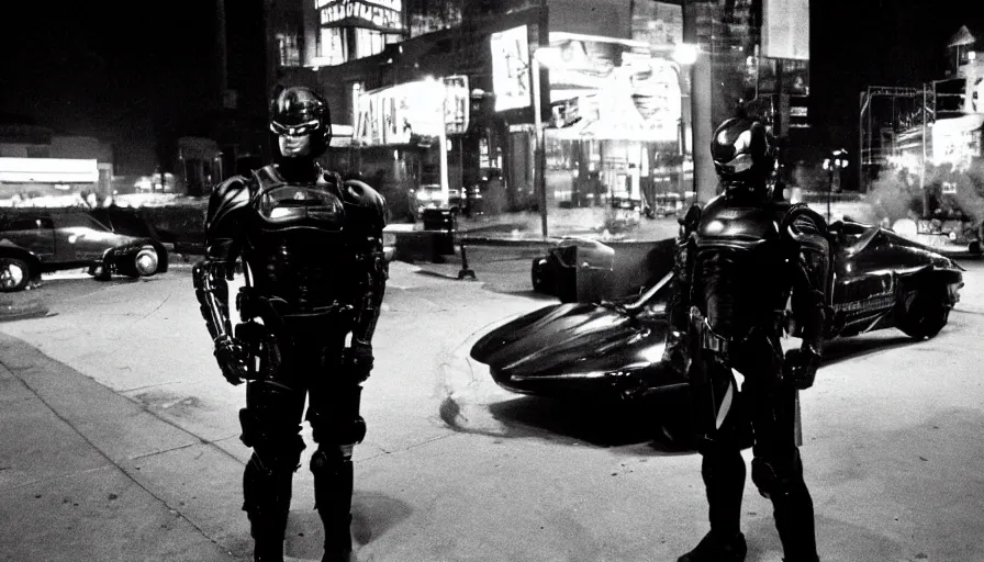 Prompt: peter weller in robocop costume, standing under a street lamp at night in downtown future detroit. leaning against a futuristic police car. criterion collection, movie still. 7 0 mm. imax. film.