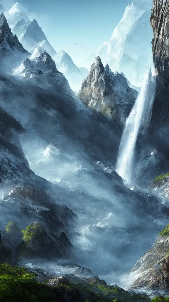 Image similar to highly detailed hd photo art of futuristic mountains and waterfall in the style of Greg Rutswoski, concept art, 8K detail post-processing