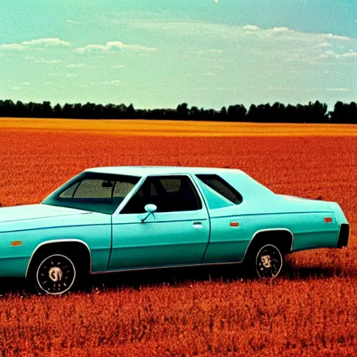 Image similar to A photograph of a beater faded Powder Blue Dodge Aspen (1976) in a farm field, photo taken in 1989