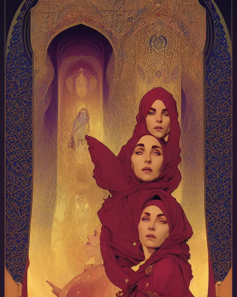 Prompt: portrait of an islamic empress combined with a surreal islamic style ornamental gate in the desert opening into an other dimension. by vincent di fate, james jean, dom qwek greg rutkowski alphonse mucha. ornament, intarsia, ambient lighting, atmospherical, photorealistic fantasy concept art, trending on art station, stunning visuals, creative, cinematic, ultra detailed