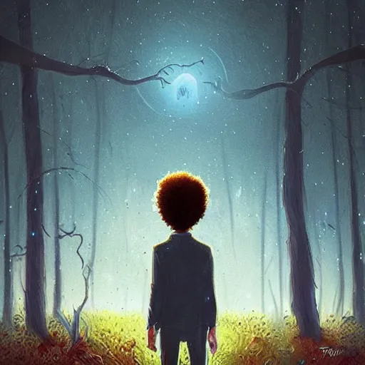 Image similar to comic book art in the style of bob ross and tim burton, trending on artstation, rain, beautiful, matte painting, galaxy, traveling through time, epic adventure, cinematic composition, realistic, portal, door to another dimension, meeting an alien, cute, adorable